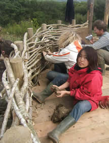 applying cob daub to a hazel wattle wall on a cob building course at the Felin uchaf Educational Centre, Aberdaron, Gwynedd ,North Wales